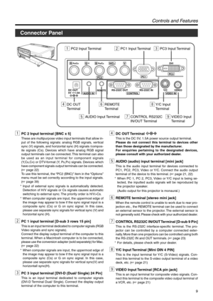 Page 99
Controls and Features
Connector Panel
2PC1 Input Terminal
4DC OUT
Terminal6REMOTE
Terminal
5AUDIO Input Terminal7CONTROL RS232C
IN/OUT Terminal9VIDEO Input
Terminal
1PC2 Input Terminal3PC3 Input Terminal
8Y/C Input
Terminal
RPR/CRGYBPB/CSVDVIH/CS
PC1PC3PC2
AUDIO INREMOTEDC OUT
5V }1.5ARS-232C OUT RS-232C IN Y/C VIDEOCONTROLVIDEO IN
1PC 2 Input terminal [BNC x 5]
These are multipurpose video input terminals that allow in-
put of the following signals: analog RGB signals, vertical
sync (V) signals, and...