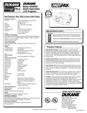 Page 2provides easy handling of SXGA workstation 1280x1024 graphics and 1000 line TV images.  New improved Digital TV display menu and function for SD (Standard Definition, 480i/480p) and high definition HDTV sources.  Full 720p (progressive) and 1080i (interlocked) HDTV display options.
well defined details are provided by the color balanced Xenon lamp with extra-high brightness along with 10 bit digital gamma correction electronics for accurate color shades.
easy to move and install.  It has a simple IR...