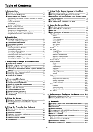 Page 4iv
Table of Contents
1. Introduction
z Whats in the Box? .................................................................... 1-2
x Introduction to the Projector ................................................... 1-3
c Getting to Know Your Projector ............................................... 1-4
Attaching the lens hood cap to the lens hood with the supplied
string and rivet ............................................................................ 1-6
Carrying the Projector...