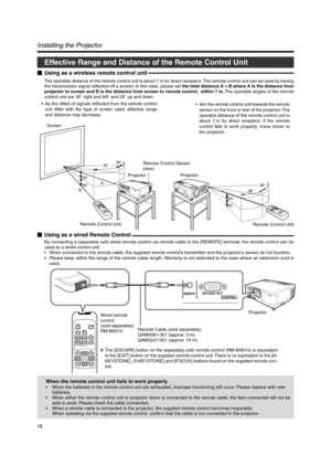 Page 1818
When the remote control unit fails to work properly
•When the batteries in the remote control unit are exhausted, improper functioning will occur. Please replace with new
batteries.
•When either the remote control unit or projector alone is connected to the remote cable, the item connected will not be
able to work. Please check the cable connection.
•When a remote cable is connected to the projector, the supplied remote control becomes inoperable.
When operating via the supplied remote control,...