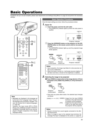 Page 2525
Basic Operations
Note
•Messages are displayed in the language set
by the user in the “Language” menu. The pre-
set language upon purchase is “English”. The
user can choose from 8 national languages.
(☞ page 39)
However, the input mode ([PC1], [PC2],
[PC3], [Y/C], [VIDEO]) and button indications
([FREEZE], [D.ZOOM], [EXIT]) are only dis-
played in English irrespective of the display
language setting.
1.Power On
1Insert the power cord into the wall outlet
•The [STAND BY] indicator lights up when the...