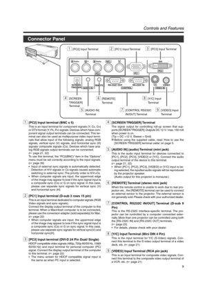 Page 99
Controls and Features
Connector Panel
1[PC2] Input terminal (BNC x 5)
This is an input terminal for component signals (Y, CB, CR)
or DTV-format (Y, P
B, PR) signals. Devices which have com-
ponent signal output terminals can be connected. This ter-
minal can also be used as multipurpose video input termi-
nals that allow input of the following signals: analog RGB
signals, vertical sync (V) signals, and horizontal sync (H)
signals/ composite signals (Cs). Devices which have ana-
log RGB signals output...