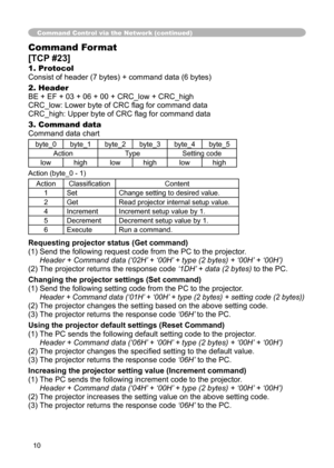 Page 10
10

Command Control via the Network (continued)
Command Format
[TCP #23]
1. Protocol
Consist of header (7 bytes) + command data (6 bytes)
2. Header
BE + EF + 03 + 06 + 00 + CRC_low + CRC_high
CRC_low: Lower byte of CRC flag for command data
CRC_high: Upper byte of CRC flag for command data
3. Command data
Command data chart

byte_0byte_1byte_2byte_3byte_4byte_5
Action TypeSetting code
low high lowhigh lowhigh
Action (byte_0 - 1)

Action Classification Content
1 Set Change setting to desired value.
2 Get...