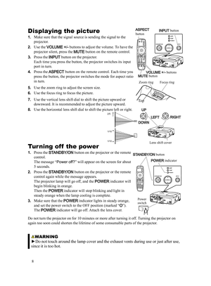 Page 88
Displaying the picture
1.   
Make sure that the signal source is sending the signal to the 
projector.
2.    
Use the 
VOLUME +/- buttons to adjust the volume. To have the 
projector silent, press the 
MUTE  button on the remote control.
3.    
Press the 
INPUT  button on the projector.  
Each time you press the button, the projector switches its input 
port in turn.
4.    
Press the 
ASPECT  button on the remote control. Each time you 
press the button, the projector switches the mode for aspect ratio...