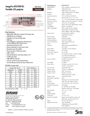 Page 2Specifications              8957HW-RJ 
Image Element             0.63” polysilicon active-matrix TFT x3
Brightness  4000 ANSI lumens
  (3400 lumens in Eco Mode)
Resolution  1280 x 800 pixels (H X V), WXGA
Contrast  2,000 : 1 Active iris
Scanning Frequency  fh 15 -106 kHz, fv 50-120 Hz
Lens  Manual zoom (F1.6 – 2.1), 1.7X
Lens Throw Ratio  1.5 – 2.5:1 throw distance to image width
Keystone Correction  Digital, vertical and horizontal +/- 40 deg.
Aspect Ratio  16:10, 4:3, 16:9 selectable
Computer    SVGA,...