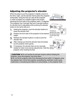 Page 1210
Adjusting the projector’s elevator
When the place to put the projector is slightly uneven to 
the left or right, use the elevator feet to place the projector 
horizontally. Using the feet can also tilt the projector 
in order to project at a suitable angle to the screen, 
elevating the front side of the projector within 12 degrees.
This projector has 2 elevator feet and 2 elevator buttons. 
An elevator foot is adjustable while pushing the elevator 
button on the same side as it.
To loose an 
elevator...