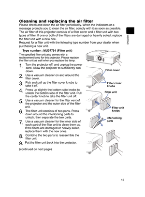 Page 1715
ENGLISH
Cleaning and replacing the air fi lter
Please check and clean the air fi lter periodically. When the indicators or a 
message prompts you to clean the air fi lter, comply with it as soon as possible.
The air fi lter of this projector consists of a fi lter cover and a fi lter unit with two 
types of fi lter. If one or both of the fi lters are damaged or heavily soiled, replace 
the fi lter unit with a new one.
Request for a fi lter unit with the following type number from your dealer when...