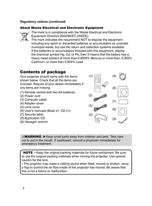 Page 64
NOTE  • Keep the original packing materials for future reshipment. Be sure 
to use the original packing materials when moving the projector. Use special 
caution for the lens.
• The projector may make a rattling sound when tilted, moved or shaken, since 
a fl ap to control the air fl ow inside of the projector has moved. Be aware that 
this is not a failure or malfunction.
About Waste Electrical and Electronic Equipment
The mark is in compliance with the Waste Electrical and Electronic 
Equipment...