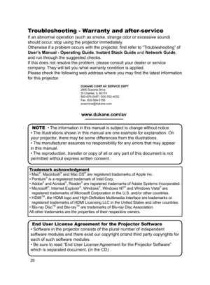 Page 2020
Troubleshooting - Warranty and after-ser vice
If an abnormal operation (such as smoke, strange odor or excessive soun\
d) 
should occur, stop using the projector immediately. 
Otherwise if a problem occurs with the projector, first refer to “Troubleshooting” of 
User’s Manual - Operating Guide, Instant Stack Guide and Network Guide, 
and run through the suggested checks. 
If this does not resolve the problem, please consult your dealer or serv\
ice 
company. They will tell you what warranty condition...