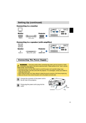 Page 13INTERIN
PU
TM1-DRGBB
NG
S-VID
EOS
TA N
DBY
/O
NTEM
PVI
DE
OCOM
PONENTLAMPKEYST
ON
ESEARC
HR
ESE
TM
E
NUF
OCUSL
E
NS SHIF
TZ
O
OM
  VID
EO R
-A
UD
IO
 IN
-LS-VIDE
O
BNC RGB A
UDIO IN1
A
UD
IO
 IN2
RGB OUTA
UDIO OUT REMOTE CONTROL
R/CR/PRG/YB/CB/PBH
VY CONTROL NETWORK
CR/PRCa/Pa
11
Setting Up (continued) Setting Up (continued)
REMOTE CONTROL
  VIDEO R-AUDIO IN-LS-VIDEOBNC RGB AUDIO IN1
AUDIO IN2
RGB OUTAUDIO OUT
R/C
R/PRG/Y B/CB/PBHVY CONTROL
 NETWORK
CR/PR
Ca/PaL
REMOTE CONTROL
  VIDEO R-AUDIO...