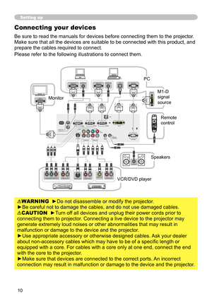 Page 11
0

Setting up
Connecting your devices
Be sure to read the manuals for devices before connecting them to the pr\
ojector. 
Make sure that all the devices are suitable to be connected with this pr\
oduct, and 
prepare the cables required to connect.
Please refer to the following illustrations to connect them.
WARNING  ►Do not disassemble or modify the projector.
►Be careful not to damage the cables, and do not use damaged cables.
CAUTION  ►Turn off all devices and unplug their power cords prior to...