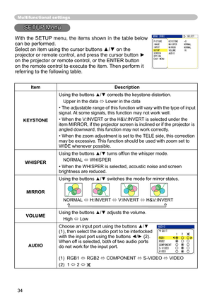 Page 36
34

Multifunctional settings
SETUP Menu
ItemDescription
KEYSTONE
Using the buttons ▲/▼ corrects the keystone distortion.
Upper in the data  Lower in the data
•  The adjustable range of this function will vary with the type of input 
signal. At some signals, this function may not work well.
• When the V:INVERT or the H&V:INVERT is selected under the item MIRROR, if the projector screen is inclined or if the projector is 
angled downward, this function may not work correctly.
• When the zoom adjustment...