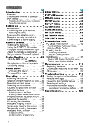 Page 22
Contents
Introduction  .  .  .  .  .  .  .  .  .  . .  .  .  . .3
Features
 ......................3
Checking the contents of package ....3
Part names
 . . . . . . . . . . .

. . . . . . . . .
4Projector, Control panel and Indicators, 
Ports, Remote control
Setting up  .  .  .  .  .  .  .  .  .  .  .  .  .  .  .  . .7
Arrangement
 . . . . . . . . . . .
 . . . . . . . .
7
Connecting with your devices
 . . . . .10Fastening the cables
Fastening the adapter cover . . . . . .15
Using the security bar and...