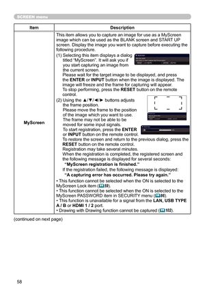 Page 5858
SCREEN menu
ItemDescription
MyScreen This item allows you to capture an image for use as a MyScreen 
image which can be used as the BLANK screen and START UP 
screen. Display the image you want to capture before executing the 
following procedure.
(1)  
Selecting this item displays a dialog 
titled “MyScreen”. It will ask you if 
you start capturing an image from 
the current screen.
Please wait for the target image to be displayed, and press 
the ENTER or INPUT button when the image is displayed. The...