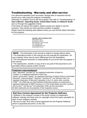 Page 2120
Troubleshooting - Warranty and after-ser vice
If an abnormal operation (such as smoke, strange odor or excessive soun\
d) 
should occur, stop using the projector immediately. 
Otherwise if a problem occurs with the projector, first refer to “Troubleshooting” of 
User’s Manual - Operating Guide, Instant Stack Guide and Network Guide, 
and run through the suggested checks. 
If this does not resolve the problem, please consult your dealer or serv\
ice 
company. They will tell you what warranty condition...