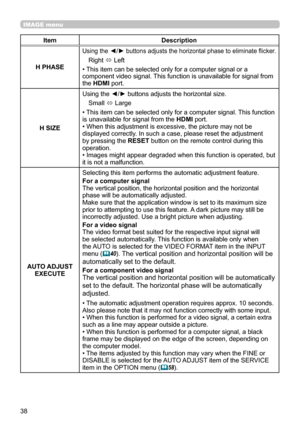 Page 3838
IMAGE menu
ItemDescription
H PHASE
Using the ◄/► buttons adjusts the horizontal phase to eliminate flicker.
Right  ó Left
• This item can be selected only for a computer signal or a 
component video signal. This function is unavailable for signal from 
the HDMI port.
H SIZE Using the ◄/► buttons adjusts the horizontal size.
Small  ó Large
• This item can be selected only for a computer signal. This function 
is unavailable for signal from the  HDMI port.
• When this adjustment is excessive, the...