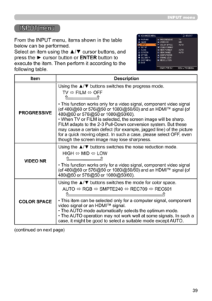 Page 3939
INPUT menu
INPUT menu
From the INPUT menu, items shown in the table 
below can be performed.
Select an item using the ▲/▼ cursor buttons, and 
press the ► cursor button or ENTER button to 
execute the item. Then perform it according to the 
following table.
ItemDescription
PROGRESSIVE Using the ▲/▼ buttons switches the progress mode.
TV  ó FILM 
ó OFF
  
• This function works only for a video signal, component video signal 
(of 480i@60 or 576i@50 or 1080i@50/60) and an HDMI™ signal (of 
480i@60 or...