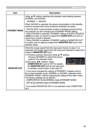 Page 4545
ItemDescription
STANDBY MODE Using ▲/▼ buttons switches the standby mode setting between 
NORMAL and SAVING. 
NORMAL  ó SAVING
When SAVING is selected, the power consumption in the standby 
mode is lowered with some functional restriction as below:
• The RS-232C communication control is disabled except turning 
the projector on and changing the STANDBY MODE setting.
• When SAVING is selected, STANDBY setting of AUDIO SOURCE 
(
 46) is invalid, no signal is output from 
AUDIO OUT port and no 
sound...