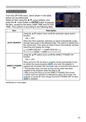 Page 5353
OPTION menu
OPTION menu
From the OPTION menu, items shown in the table 
below can be performed.
Select an item using the ▲/▼ cursor buttons, and 
press the ► cursor button or ENTER button to execute 
the item, except for the items LAMP TIME and FILTER 
TIME. Then perform it according to the following table.
ItemDescription
AUTO SEARCH Using the ▲/▼ buttons turns on/off the automatic signal search 
function.
ON 
ó OFF
When the ON is selected, detecting no signal automatically cycles 
through input...