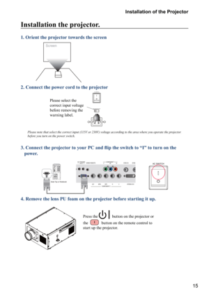 Page 1515
Installation of the Projector
Installation the projector.
1. Orient the projector towards the screen
        
Screen
2. Connect the power cord to the projector       
  
AC SWITCH
VOLTAGE SELECT
Please select the 
correct input voltage 
before removing the 
warning label.  
&

-b-b-f-b
-b-
-b-f
-b-b**+-
/8-f

-b-b-f
-b

before you turn on the power switch.
\b	

\b\f
\b	



 \f
\b
	
$%&



\b
power....