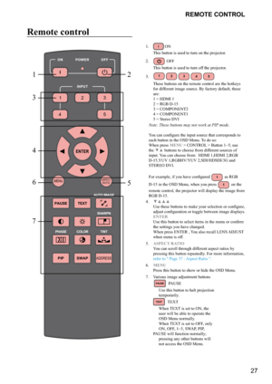 Page 2727
REMOTE CONTROL
Remote control
 
2
32
4 1
5
INPUT
ASPECT
RATIO
AUTO IMAGE
PAUSE TEXT
MENU
SHARPN
PHASE COLOR TINT
ADDRESS
SWAP
PIP
1
3
4            
6
7 2
5
1.  ON 
This button is used to turn on the projector.
2. 
 OFF 
This button is used to turn off the projector.
3. 
12345 
These buttons on the remote control are the hotkeys 
for different image source. By factory default, these 
are:  
1 = HDMI 1 
2 = RGB D-15 
3 = COMPONENT2 
4 = COMPONENT1 
5 = Stereo DVI
Note: These buttons may not work at PIP...
