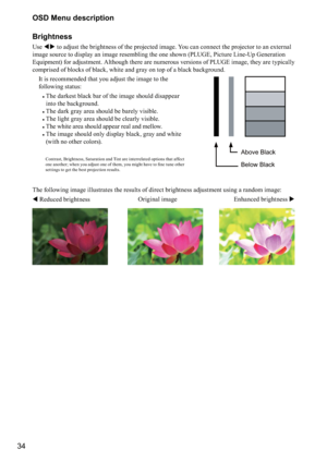 Page 3434OSD Menu description
Brightness
Use 
  to adjust the brightness of the projected image. You can connect the projector to an external 
image source to display an image resembling the one shown (PLUGE, Picture Line-Up Generation 
Equipment) for adjustment. Although there are numerous versions of PLUGE image, they are typically 
comprised of blocks of black, white and gray on top of a black background. 
 
Contrast, Brightness, Saturation and Tint are interrelated options that affect 

	
\b