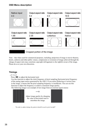 Page 3838OSD Menu description
Native input 
4:3
Output aspect ratio
16:9
Output aspect ratio
1.88 Output aspect ratio
2.35 Output aspect ratio
5:4Output aspect ratio
4:3
Output aspect ratio
Native 
Output aspect ratio
Letterbox
Cropped portion of the image
Note :  that when used for commercial purposes, including: projection of image in movie theatres, 
hotels, cafeteria and other public venues, compression or extension of image achieved through the 
change of aspect ratio may constitute copyright infringement...