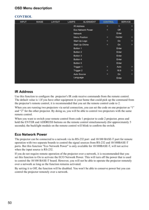 Page 5050OSD Menu description
CONTROL
IR Address
[\f
\f



\b


\b
\b+\f
