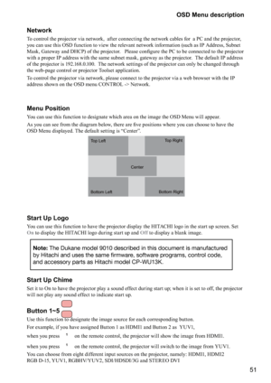 Page 5151
OSD Menu description
Network
To control the projector via network,  after connecti ng the network cables for  a PC and the projector, 
you can use this OSD function to view the relevant network information (such as IP Address, Subnet 
<	\f>
