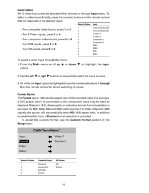 Page 17
15

Input Option
All 10 video inputs may be selected either directly or through 
Input menu. To 
select a video input directly, press the numeric buttons on the remote control 
that corresponds to the desired input:
   • For composite video inputs, press 
1 or 2
  • For S-Video inputs, press 
3 or 4
  • For component video inputs, press 
5 or 6
  • For RGB inputs, press 
7 or 8
  • For DVI inputs, press 
9 or 0
To select a video input through the menu:
1.  From  the  Main  menu  scroll  up
 ▲  or down ▼...