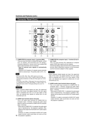 Page 1212
Controls and Features (cont.)
Connector Panel (Cont.)
9COMPUTER IN (computer input) -2 terminal (BNC)
These are input terminals for analog RGB signals, vertical
sync (V) signals, and horizontal sync (H) signals /
composite signals(Cs). Devices which have analog RGB
signal output terminals can be connected.
 * Input of external sync signals is automatically
detected.
Detection of H/V signals or Cs signals causes automatic
switch to external sync. The priority order is H/V > Cs.
Note
¥ DTV-format (480i,...