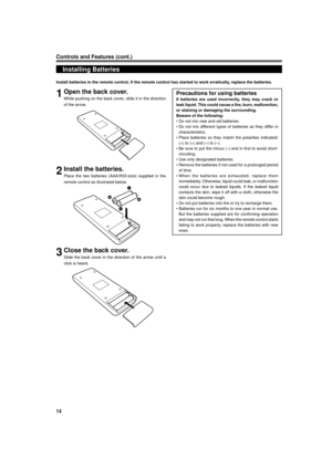 Page 1414
Controls and Features (cont.)
Installing Batteries
Install batteries in the remote control. If the remote control has started to work erratically, replace the batteries.
1Open the back cover.
While pushing on the back cover, slide it in the direction
of the arrow.
2Install the batteries.
Place the two batteries (AAA/R03-size) supplied in the
remote control as illustrated below.
3Close the back cover.
Slide the back cover in the direction of the arrow until a
click is heard.
Precautions for using...
