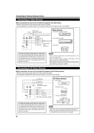 Page 2020
YAUDIO
AUDIO OUT
REMOTEY/C
VIDEO
Y
P
B/B-Y
P
R/R-Y L
R
RS-232C
Memo
¥ When connecting a video device, use a TBC along with it, or one
which has a built-in TBC.
¥ Use of an extension cable to connect a video device and the
projector could cause video degradation.
¥ When a signal with much jitter is reproduced on a VCR or special-
effect playback is performed, the upper part of the picture or the
picture itself may be erased or distorted.
Connecting to Various Devices (Cont.)
Connecting to Video...