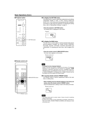 Page 3030
Basic Operations (Cont.)
nTo display the MAIN menu
The main menu is used to adjust or set the projected video picture
and the projectorÕs condition, etc. (PIXEL CLOCK, POSITION,
PICTURE, SOUND, OPTIONS, SOURCE DECODER and
LANGUAGE). For operating the main menu, refer to pages 34 to
47.
¥ Press the remote controlÕs MENU/ENTER button.
The main menu appears on the screen.
Notes
¥ This button works only for numeric values. It does not work for switching
between ON and OFF.
¥ For items such as PIXEL CLOCK...