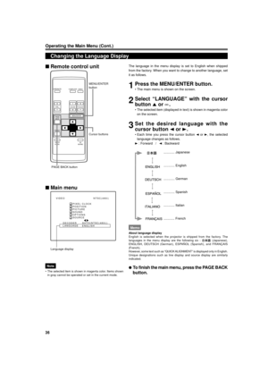 Page 3636
OPERATE
VOL.
PAGE
BACK
PRESET
ZOOMFOCUS
COMPUTERVIDEO
QUICK
ALIGN.AV
MUTING
WT
MENU/ENTER
MENU/ENTER
button
Cursor buttons
PAGE BACK button
Operating the Main Menu (Cont.)
Changing the Language Display
Language display
The language in the menu display is set to English when shipped
from the factory. When you want to change to another language, set
it as follows.
1Press the MENU/ENTER button.
¥ The main menu is shown on the screen.
2Select ÒLANGUAGEÓ with the cursor
button 5 or ¥.
¥ The selected item...