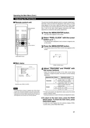 Page 3737
ENGLISH
OPERATE
VOL.
PAGEBACK
PRESET
ZOOMFOCUS
COMPUTERVIDEO
QUICK
ALIGN.AV
MUTING
W T
MENU/ENTER
MENU/ENTER
button
Cursor buttons
PAGE BACK button
Operating the Main Menu (Cont.)
Adjusting the Pixel Clock
Submenu item (PIXEL CLOCK)
The pixel clock should be adjusted mainly for computer-related inputs.
(Normally, it does not need to be adjusted for video inputs.) If a wide
stripe appears on the screen, adjust the lateral size of video image
and the display area (tracking adjustment) so the stripe...