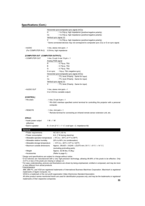 Page 5555
ENGLISH
Horizontal sync/composite sync signal (H/Cs)
H : 1 to 5Vp-p, high impedance (positive/negative polarity)
Cs : 1 to 5Vp-p, high impedance (positive/negative polarity)
Vertical sync signal (V)
V : 1 to 5Vp-p, high impedance (positive/negative polarity)
* Some connected devices may not correspond to composite sync (Cs) or \
G on sync signal.
¥ AUDIO 1-line, stereo mini-jack  ´ 1
(For COMPUTER IN-2) 0.5Vrms, high impedance
[COMPUTER OUT  (COMPUTER OUTPUT)]
¥ COMPUTER OUT 1-line, D-sub 3-row 15-pin...