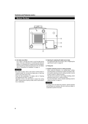 Page 88
Controls and Features (cont.)
Bottom Surface
rAir intake area (filter)
Air is taken in through this area to cool the light-source
lamp. If this area is blocked or if something that obstructs
taking in or exhausting air is placed around the projector,
heat may build up inside and could cause a fire. For details,
refer to ÒPrecautions for InstallationÓ on page 15.
CAUTIONS
¥ Be careful as paper, cloth or soft cushion could be drawn in
if placed nearby. Do not block the intake area, or heat may
build up...