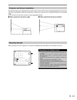 Page 1515
Projector and Screen Installation
When viewed from the left (or right) When viewed from the top (or bottom)
The optimum image can be obtained when the center of this unit lens and \
the screen are placed perpendicular to each other.
Take note of the projection angle when placing them. Failing to do so ma\
y give rise to trapezoidal distortion of the projected
image.
●This unit does not come with a function to correct trapezoidal distortio\
n.
Mounting  this Unit
When mounting of this unit is...