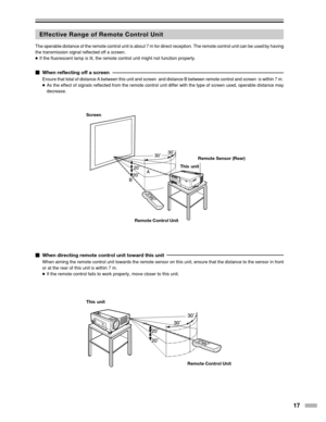 Page 1717
Effective Range of Remote Control Unit
The operable distance of the remote control unit is about 7 m for direct\
 reception. The remote control unit can be used by having
the transmission signal reflected off a screen.
● If the fluorescent lamp is lit, the remote control unit might not functi\
on properly.
Screen
Remote Control Unit Remote Sensor (Rear)
This unit
 When reflecting off a screen
Ensure that total of distance A between this unit and screen  and distan\
ce B between remote control and...