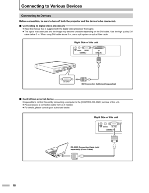 Page 1818
Connecting to Various Devices
Connecting to Devices
Before connection, be sure to turn off both the projector and the device\
 to be connected.
Connecting to digital video processors
●Read the manual that is supplied with the digital video processor thorou\
ghly.
● The signal may attenuate and the image may become unstable depending on \
the DVI cable. Use the high quality DVI
cable below 5 m. When using DVI cable above 5 m, use a split system or o\
ptical fiber cable.
Right Side of this unit
DVI...