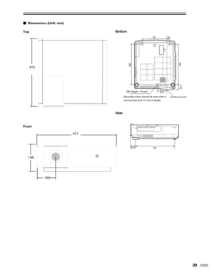 Page 3939
18120
67.5
38.2 298
300
29263.5
421
148
160
413

Dimensions (Unit: mm)
Top
Front Side
Bottom
M6 (Depth: 10 mm)
Mounting screw should be more than 6
mm but less than 10 mm in length. Center of Lens 