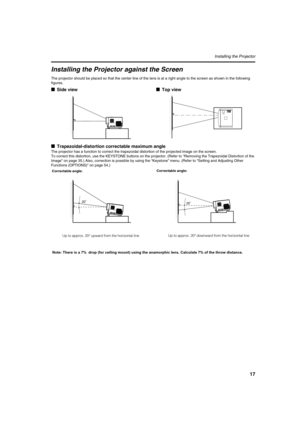 Page 1717
Installing the Projector
Installing the Projector against the Screen
The projector should be placed so that the center line of the lens is at a right angle to the screen as shown in the following 
figures.
■Side view■Top view
■Trapezoidal-distortion correctable maximum angle
The projector has a function to correct the trapezoidal distortion of the projected image on the screen.
To correct this distortion, use the KEYSTONE buttons on the projector. (Refer to “Removing the Trapezoidal Distortion of the...