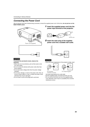 Page 2929
Connecting to Various Devices 
Connecting the Power Cord
After all devices have been finished being connected, connect the supplied power cord. At this time, do not yet turn on the 
MAIN POWER switch.
CAUTIONS
To prevent fire and electric shock, observe the 
following:
•When you do not use devices, pull out their power cords 
from wall outlets.
•Do not connect the devices with power cords other than 
those supplied.
•Do not use mains voltage other than the power voltage 
indicated.
•Do not scar,...