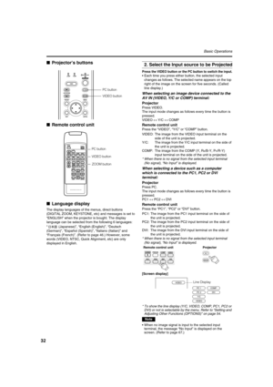 Page 3232
Basic Operations
■Projector’s buttons
■Remote control unit
■Language display
The display languages of the menus, direct buttons 
(DIGITAL ZOOM, KEYSTONE, etc) and messages is set to 
“ENGLISH” when the projector is bought. The display 
language can be selected from the following 6 languages: 
“(Japanese)”, “English (English)”, “Deutsch
(German)”, “Español (Spanish)”, “Italiano (Italian)” and 
“Français (French)”. (Refer to page 46.) However, some 
words (VIDEO, NTSC, Quick Alignment, etc) are only...