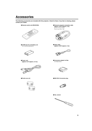 Page 55
Accessories
The following accessories are included with this projector. Check for them; if any item is missing, please 
contact your dealer.
■Remote control unit (RM-M160G)
■
■■ ■AA/R6-size dry cell battery (×
×× ×2)
(forchecking operation)
■
■■ ■Power cord
[approx. 8.2 ft (approx. 2.5 m)]
■
■■ ■Ferrite core (×
×× ×2)■
■■ ■Personal computer connection cable
[approx. 6.56 ft (approx. 2 m)]
(D-sub, 3-row 15 pin)
■
■■ ■Video cable
[approx. 6.56 ft (approx. 2 m)]
■
■■ ■Conversion adapter for Mac
(for...