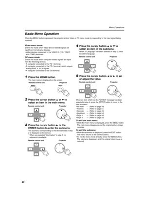 Page 4242
Menu Operations
Basic Menu Operation
When the MENU button is pressed, the projector enters Video or PC menu mode by responding to the input signal being 
received.
Video menu mode:
Enters this mode when video-device-related signals are 
input from the following devices.
•Video devices connected to the VIDEO IN (Y/C, VIDEO 
and COMP) terminals.
PC menu mode:
Enters this mode when computer-related signals are input 
from the following devices.
•A computer connected to the PC 1 terminal.
•A computer...