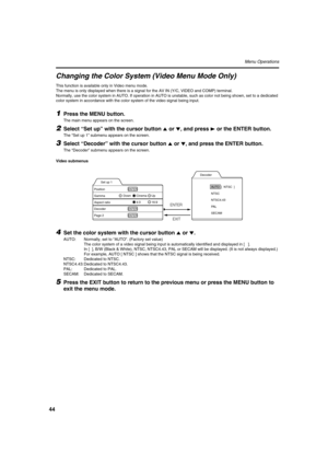 Page 4444
Menu Operations
Changing the Color System (Video Menu Mode Only)
This function is available only in Video menu mode.
The menu is only displayed when there is a signal for the AV IN (Y/C, VIDEO and COMP) terminal.
Normally, use the color system in AUTO. If operation in AUTO is unstable, such as color not being shown, set to a dedicated 
color system in accordance with the color system of the video signal being input.
1Press the MENU button.
The main menu appears on the screen.
2Select “Set up” with the...