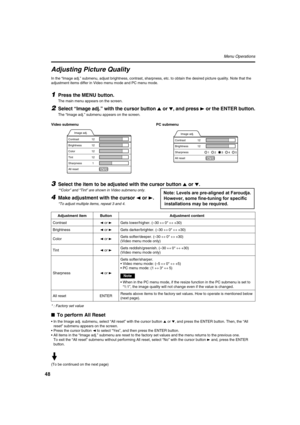 Page 4848
Menu Operations
Adjusting Picture Quality
In the “Image adj.” submenu, adjust brightness, contrast, sharpness, etc. to obtain the desired picture quality. Note that the 
adjustment items differ in Video menu mode and PC menu mode. 
1Press the MENU button.
The main menu appears on the screen.
2Select “Image adj.” with the cursor button 5
55 5 or ∞
∞∞ ∞, and press 3
33 3 or the ENTER button.
The “Image adj.” submenu appears on the screen.
Video submenu PC submenu
3Select the item to be adjusted with the...