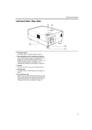 Page 77
Controls and Features
Left-hand Side / Rear Side
pConnector panel
For details, refer to “Connector Panel” on page 11.
qRear adjustable foot (for leveling the projector)
It is set at the shortest position when shipped from the 
factory. Turn the foot to make the projector level. 
Adjustment can be made in the range of +1.5° and –1.5°
from the horizontal position. For details, refer to 
“Adjusting the Inclination of the Projector” on page 16.
wAir inlet
This is the air inlet. Do not cover or obstruct...